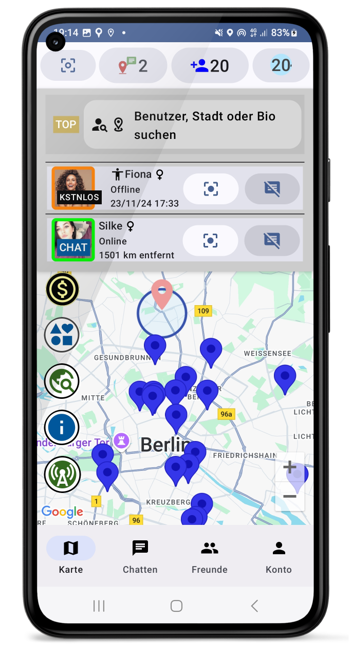 Karte & oberes Menü mit Nutzern in der Nähe